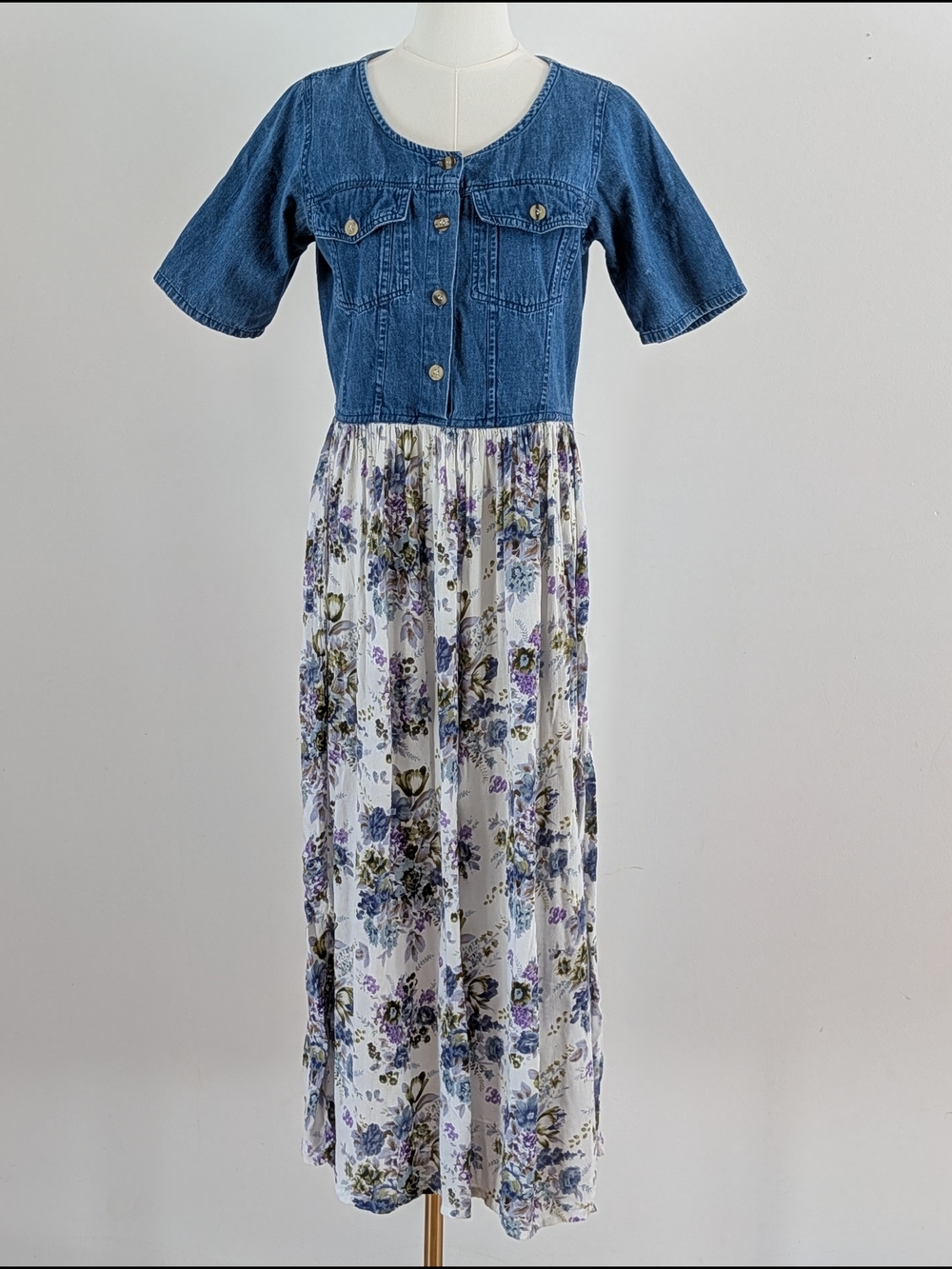 Vintage BILA Denim Floral Maxi Dress - M